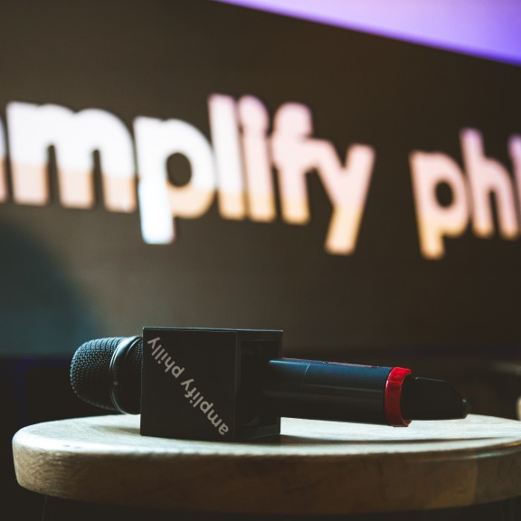 Amplify Philly sign and microphone