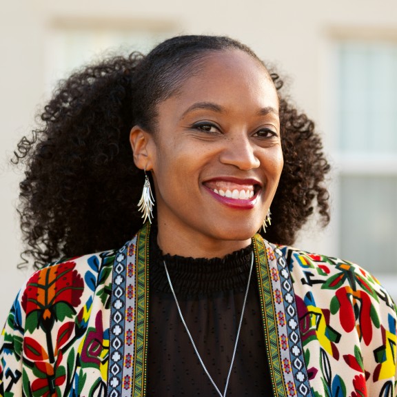 woman in colorful shirt